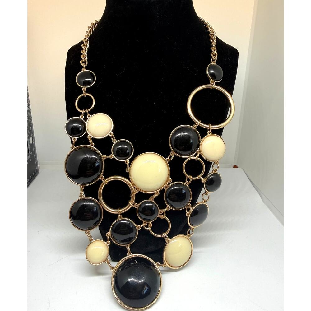 R.J. Graziano Black Cream Statement Necklace Gold Tone Chunky Bib Signed Jewelry